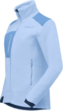 Polaire Trollveggen Warm3 femme Norrøna, coloris Cashmere Blue/Allure, vue de trois-quarts